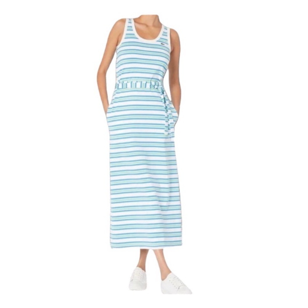 Lacoste Striped Tank Midi Dress in Light Blue and White